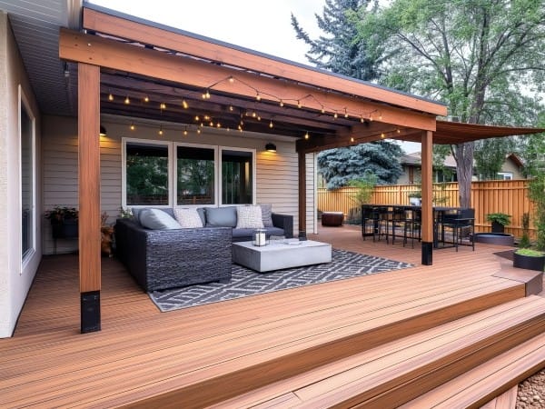 Wood decked patio with covered seating area: wicker sofa, coffee table, pillow cushions, and string lights under a wooden pergola.
